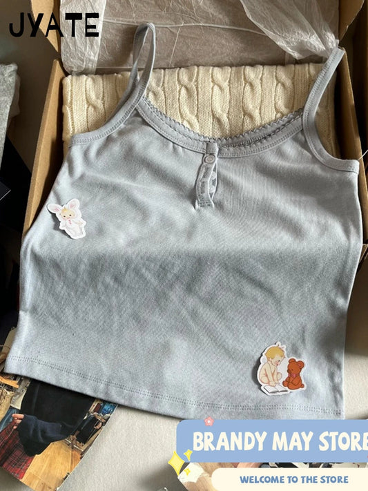 Blue Buttons U-neck Sleeveless Vests Women Summer Cotton Soft Slim Streetwear Casual Tank Tops Femme Sweet Cute Basic Camisole