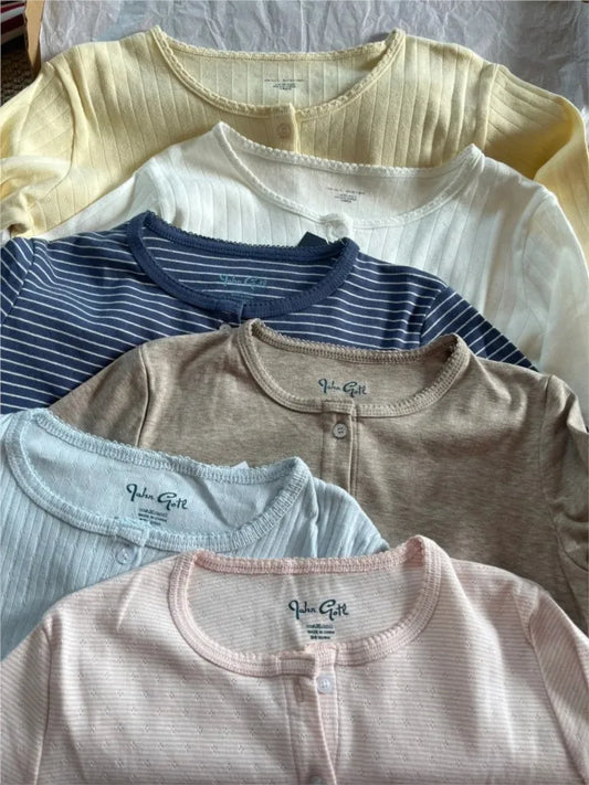 Spring Eyelet Long Sleeve T-shirt Women Simple Slim O-neck Single Breasted Cotton Tee Shirts Cute Sweet Preppy Style Tops