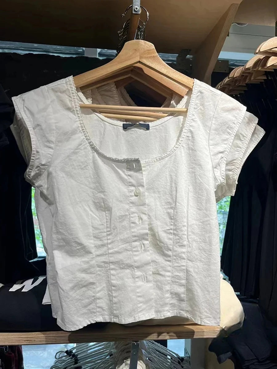 White Folds Buttons Short Sleeve Tees Women New Casual U-neck Lace Trim Streetwear Shirt Tops Sweet Chic Preppy Style T-shirts
