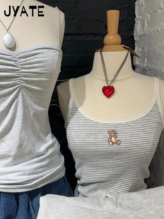 Little Bear Embroidery Slim Tank Tops Women Summer New Casual Cotton Soft U Collar Sleeveless Vests Vintage Sweet Cute Camis Y2K