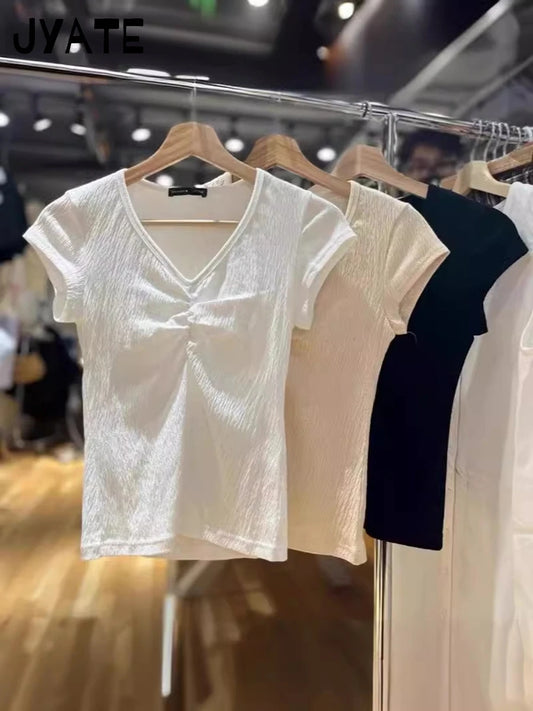 Sexy Slim Folds V-neck T-shirts Women Summer New Cotton Preppy Style Solid Short Sleeve Tees Sweet Cute Vintage Tops Clothes Y2K