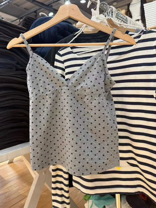 Polka Dot Print V-neck Camisole Women Streetwear Simple Slim Cropped Sleeveless Vests Vintage Sweet Cute Fairy Style Tank Tops