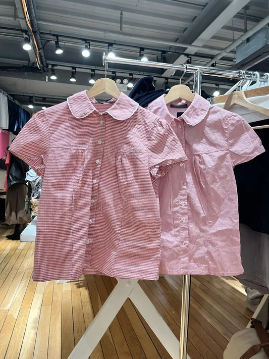Cute Pink Plaid Peter Pan Collar Blouse Women New Casual Streetwear Buttons Short Sleeve Tee Sweet Preppy Style T-shirts Y2K Top