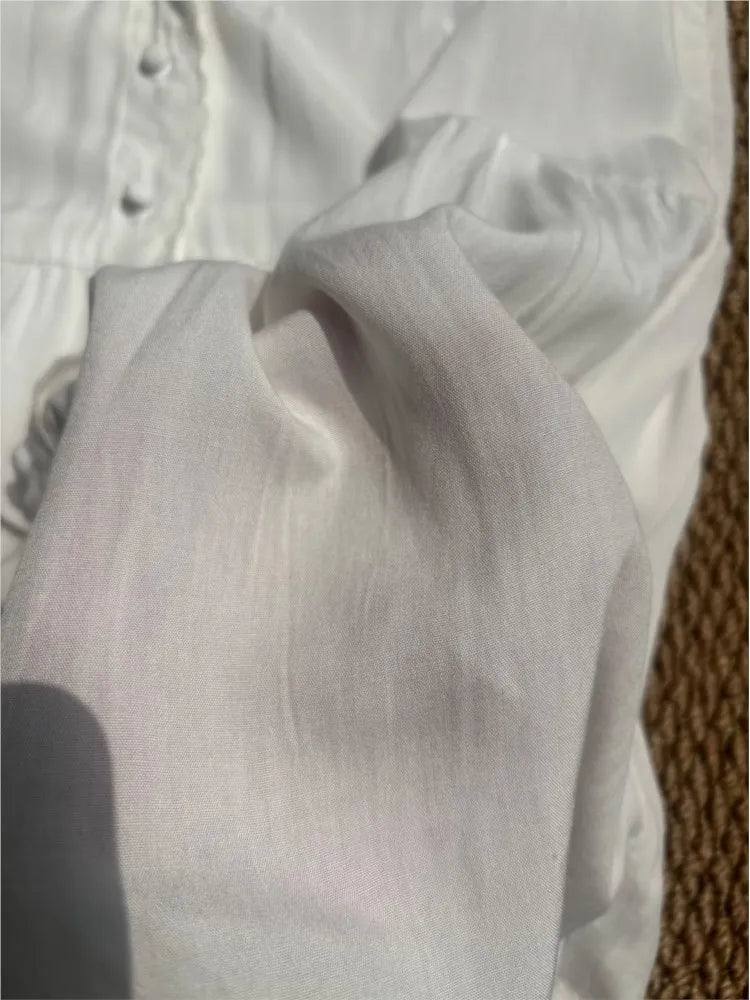 White Lace Trim Short Sleeve T-shirt Blouse Summer V-neck Single Breasted Thin Tees Solid Transparent Elegant Woman's Shirts