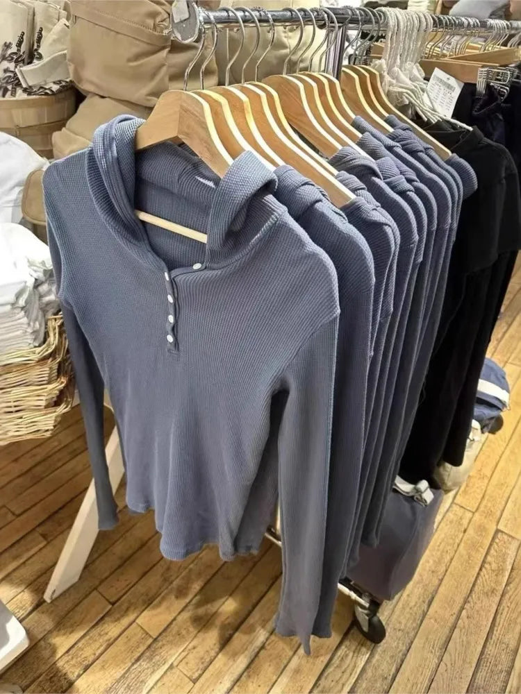 Vintage Navy Blue Buttons Long Sleeve T-Shirts Women Autumn Streetwear O-Neck Loose Hoodies Tops Casual Vintage Sweet Tees Y2K