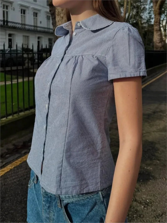 Blue Striped Peter pan Collar Blouse Women Casual Preppy Style Buttons Short Sleeve Tee Sweet Vintage Cute T-shirts Y2K Tops New