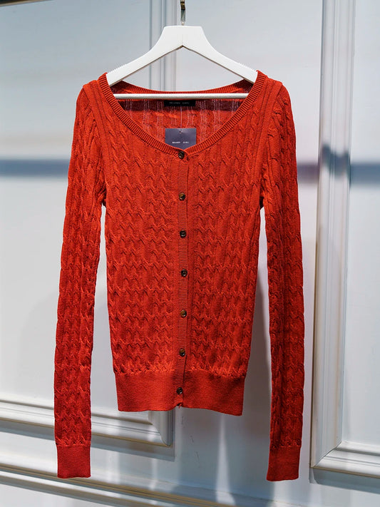 Vintage Twisted Flower Cotton Cardigans Women Streetwear New Slim Thin O-neck Single-Breasted Sweater Casual Sweet Red Knitwear