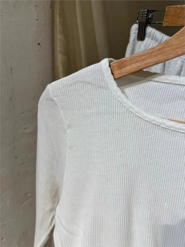 Sweet Lace Trim White Slim Ribbed Long Sleeve T-Shirt Women Autumn O-Neck Cotton Basic Tee Cute Preppy Style Tshirt Y2K Tops New