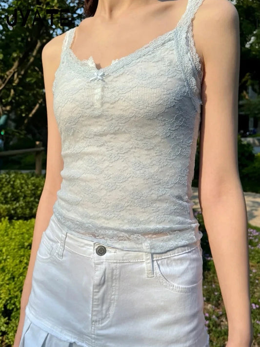 Blue Jacquard Sexy Sheer Tank Tops Women Summer New Streetwear Slim V-neck Bow Thin Sleeveless Vest Sweet Mesh Chic Camisole Y2K