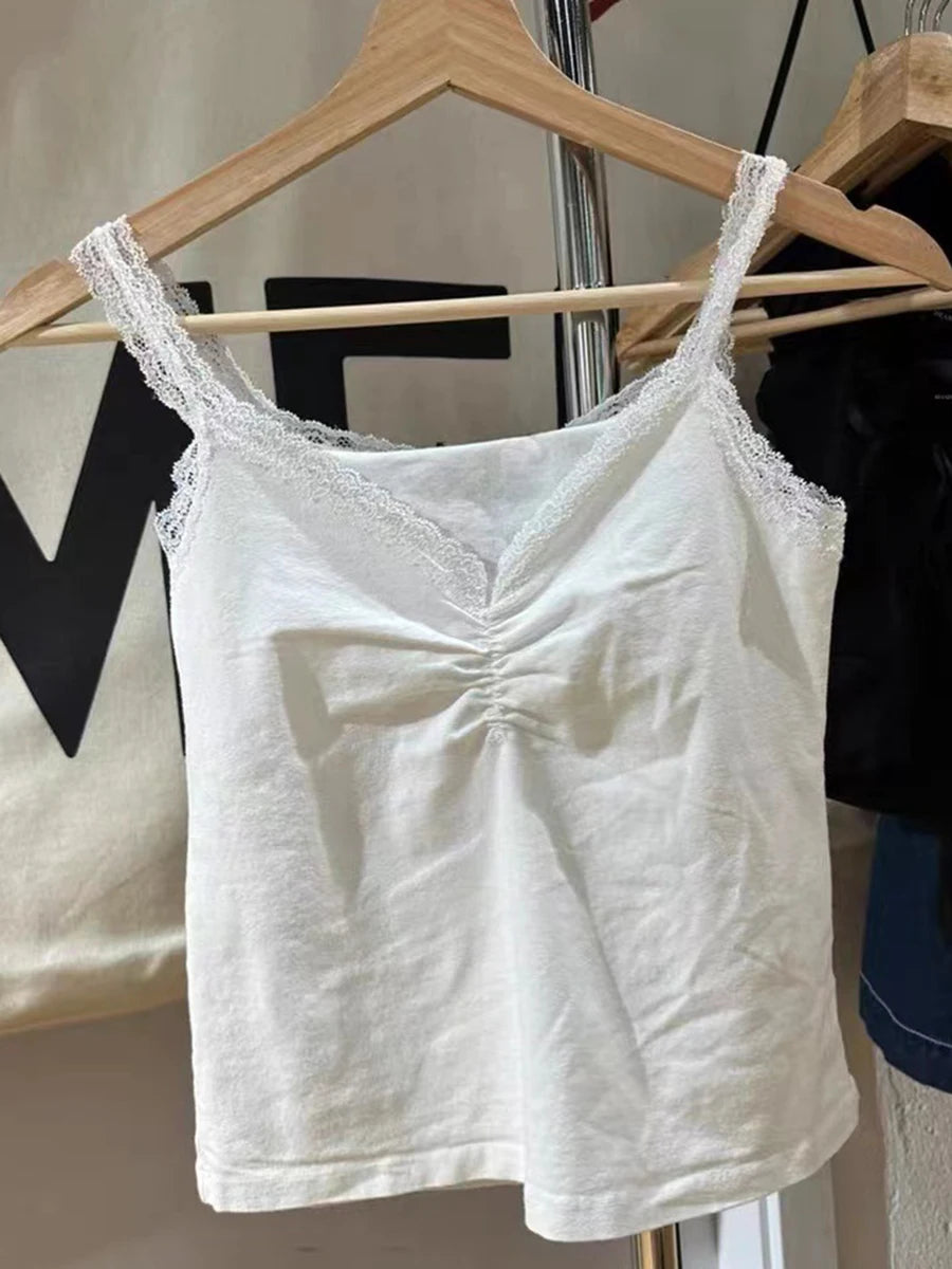 Sweet Folds Lace Trim Solid Tank Top Female Summer New Casual Streetwear Cotton Sleeveless Vests Ladies Vintage Chic Camis Y2K