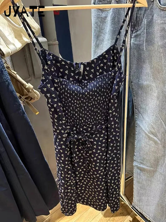 Vintage Floral Print Lace-up Sleeveless Dress Women Summer Cotton Preppy Style Casual A-line Vestidos Sweet Cute Mini Dresses