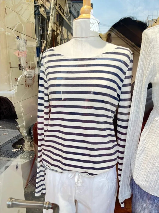 American Navy Striped Long Sleeve T-shirt Women Spring Scoop Neck Slim Cotton Tee Shirts Vintage Streetwear Sweatshirt Y2k Tops
