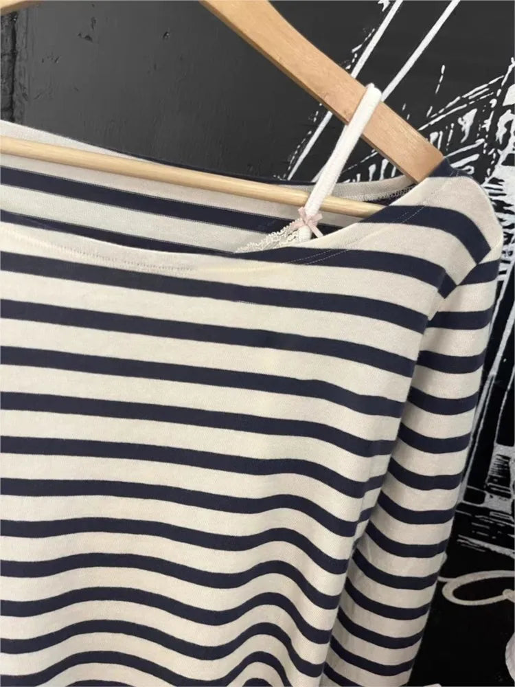 American Navy Striped Long Sleeve T-shirt Women Spring Scoop Neck Slim Cotton Tee Shirts Vintage Streetwear Sweatshirt Y2k Tops
