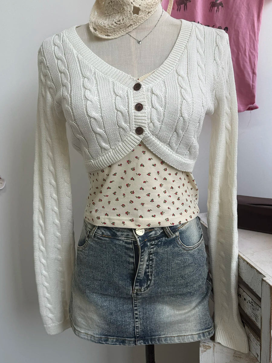 Cropped Knitwear Women Cotton Twisted Flower V-neck Long Sleeve Slim Crop Tops Sweater Vintage Chic Sweater Cardigan