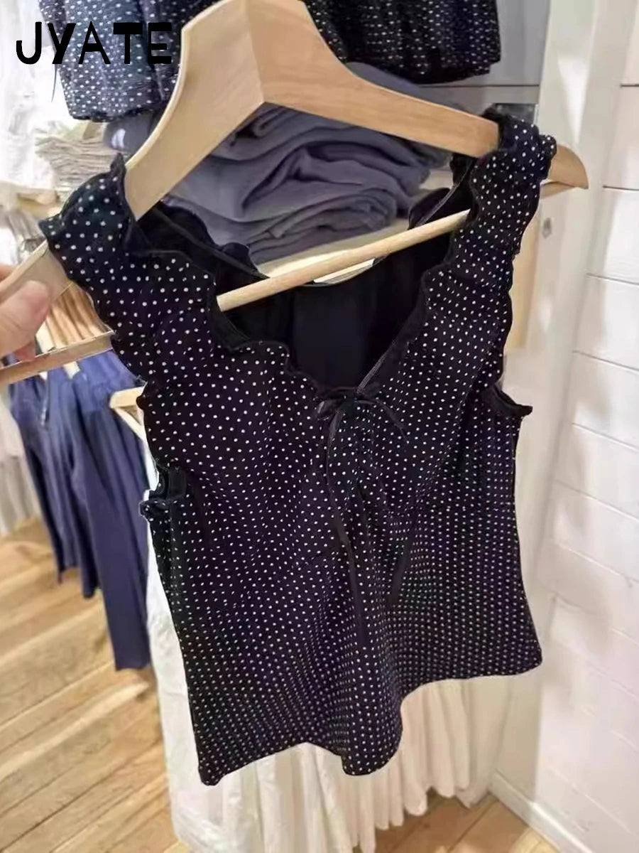 Polka Dots Print Fungus V-neck Tank Tops Women New Streetwear Casual Slim Lace-up Cropped Vest Vintage Preppy Style Camisole Y2K
