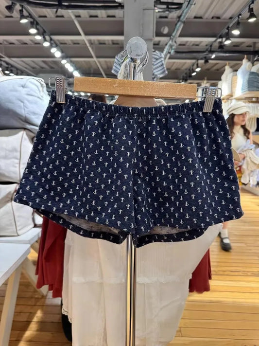 Navy Geometric Print Sweatshorts Woman Summer Elastic High Waist Cotton Short Pant Casual Vintage Sweet Home Straight Shorts Y2K