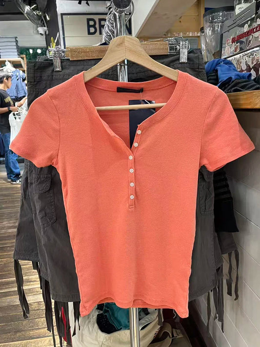 Sweet Six Buttons T-shirts Women Summer OrangeO-neck Cotton Slim Zelly Short Sleeve Tee Tops Casual Simple All-match Tshirts Y2K