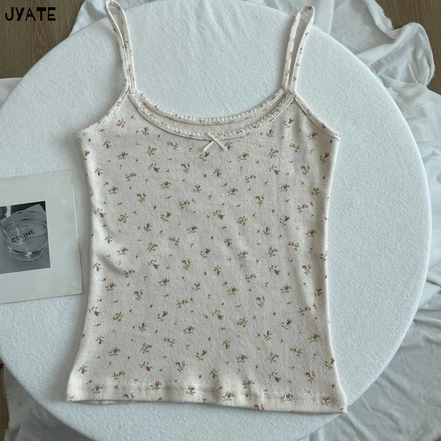 Lace Trim Floral Eyelet Tank Tops Women New Summer Cotton Bow Slim Preppy Style Cropped Vests Sweet Vintage Chic Camisole Y2K
