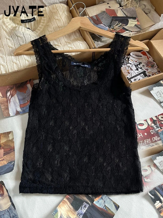 Sexy Solid U-neck Lace See Through Tank Tops Women Summer Casual Simple Sleeveless Vests Female New Vintage Sweet Crop Tops Y2K
