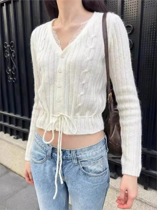 Sweet Lace Trim Twisted Flower Sweater Coat Women Autumn New Cotton Sexy V-neck Slim Crop Tops Casual Vintage Chic Cardigan Y2K