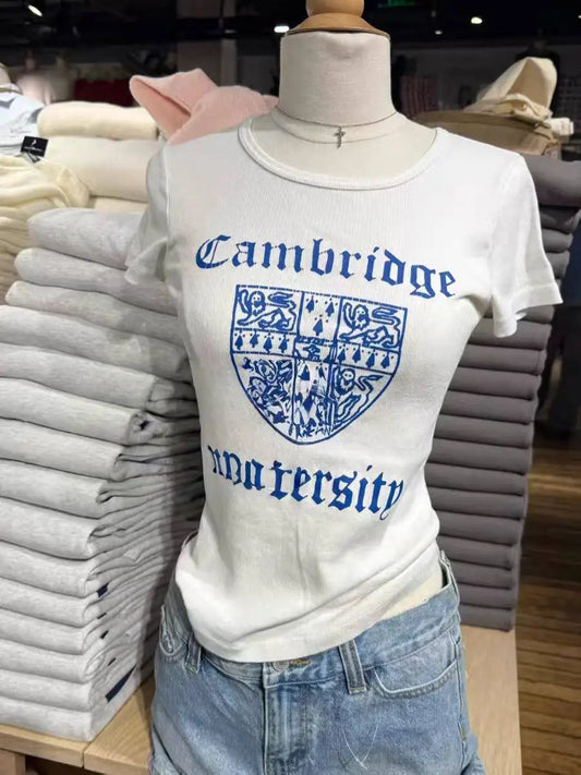 White Geometric Print Slim T-shirts Women Simple O-neck Short Sleeve Cotton Tee Tops Casual Streetwear Preppy Style Tshirts Y2K