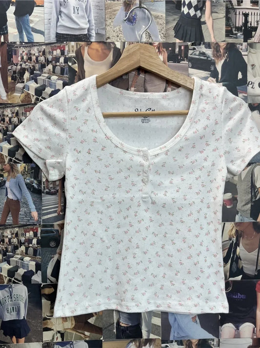 White Eyelet Buttons Slim T-shirts Women New Casual Pink Floral O-neck Short Sleeve Tees Sweet Preppy Style Cute Crop Tops Y2K