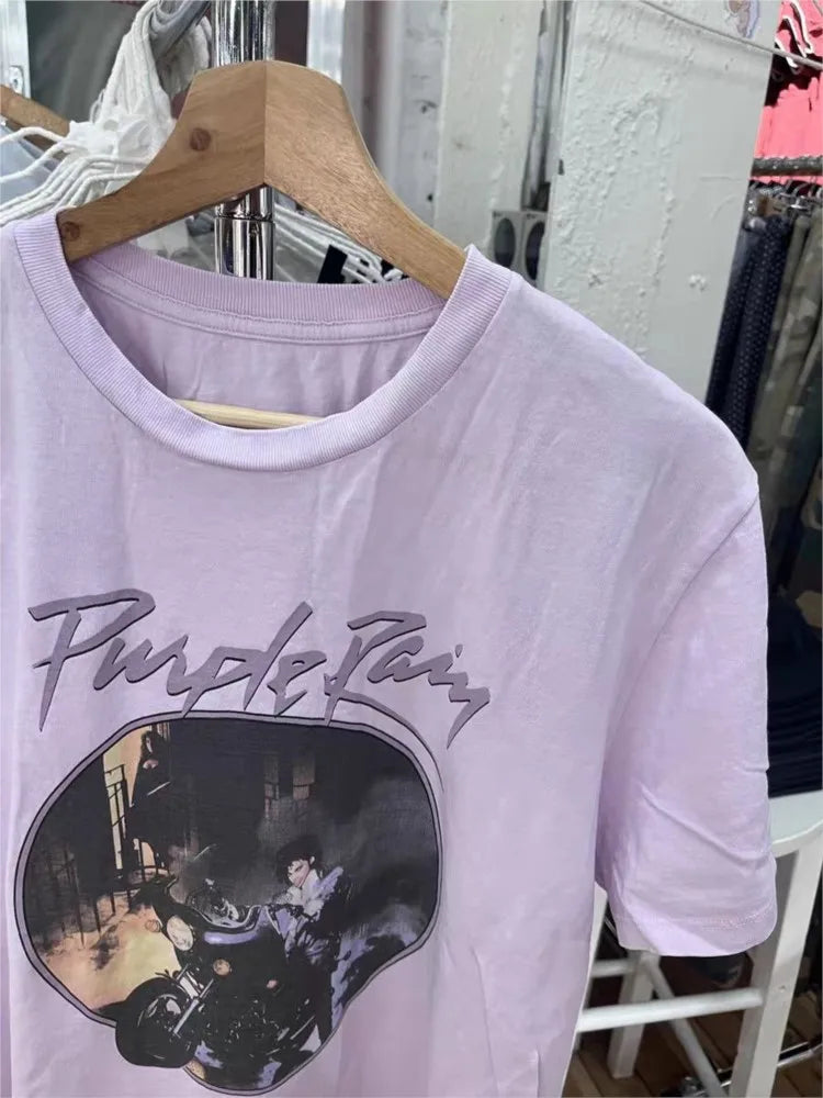 Purple Harley Motorcycle Print T-shirts Women Summer Casual Cotton O-neck Short Sleeve Tees Vintage Streetwear Chic Tee Y2K Tops