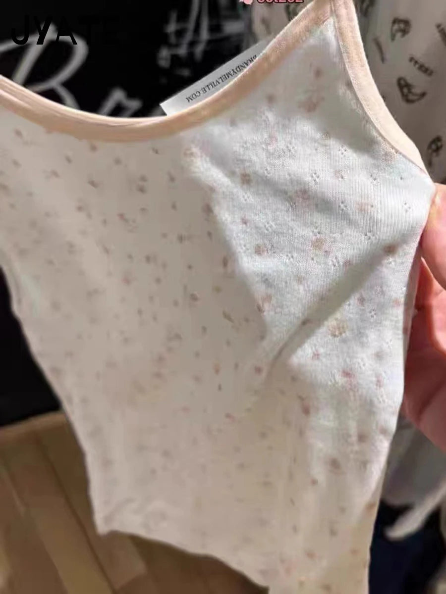 Eyelet Floral Print Patchwork Pink Tank Tops Women Summer New Casual Cotton Soft Slim Crop Top Preppy Sweet Cute Chic Camis Y2K