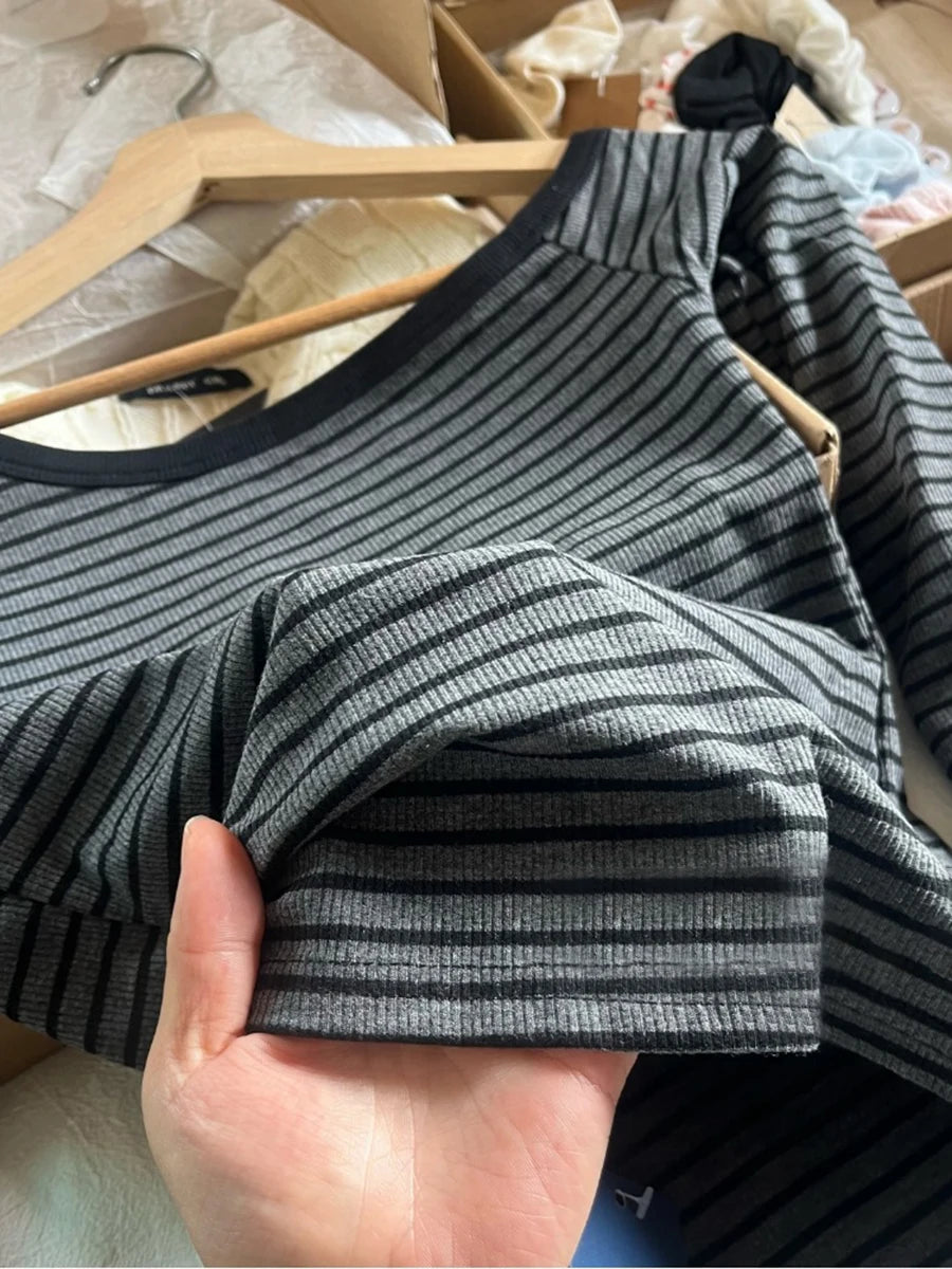 Vintage Striped Irregular Neck Long Sleeve T-shirt Women Autumn Cotton Slim Tee Shirts Female Sweet Streetwear Y2K Tshirt Tops
