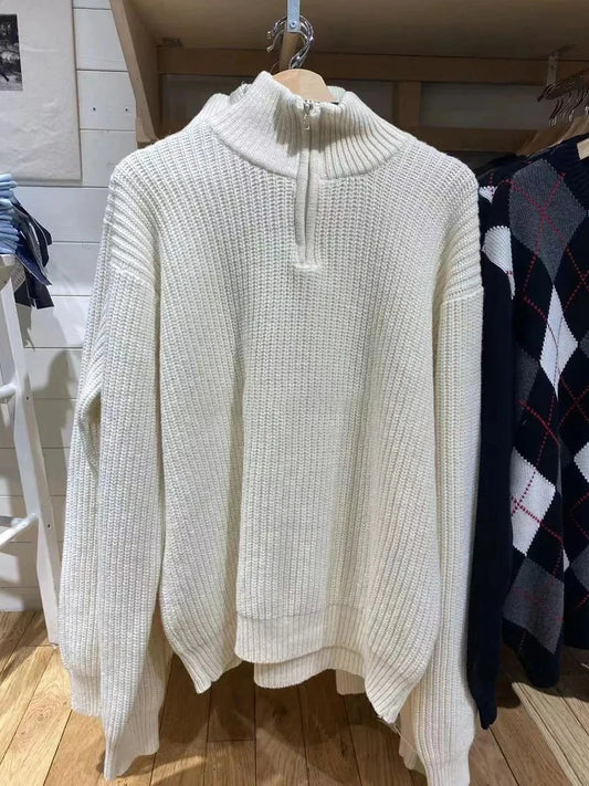Vintage Zipper Mock Neck Oversized Sweater Women Autumn Loose Long Sleeve Jumper Fashion Sweet Preppy Style Pullover Tops Y2K