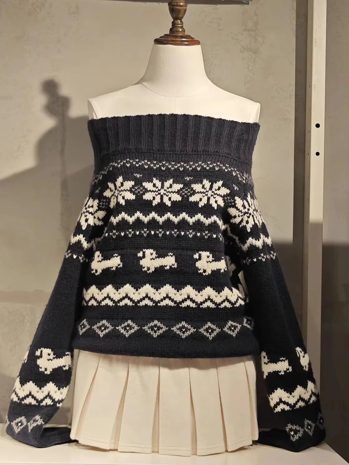 Geometric Jacquard Sweater Women Sexy Slash Neck Cotton Long Sleeve Slim Pullover Top Retro Sweet Cute Knit Sweater Y2k Jumpers