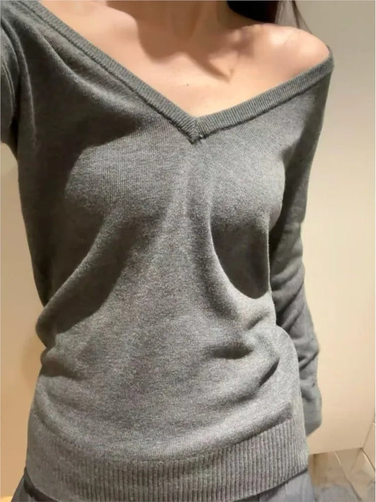 Gray V-neck Sweater Women Spring Streetwear Simple Cotton Slim Long Sleeve Knitted Tops Vintage Chic Y2K Sweaters