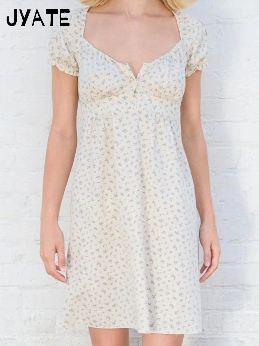 Sweet Floral Print Cotton Mini Dresses Women Summer Square Collar Cotton Soft Puff Sleeve Dress Cute Vintage Chic Lace Vestidos