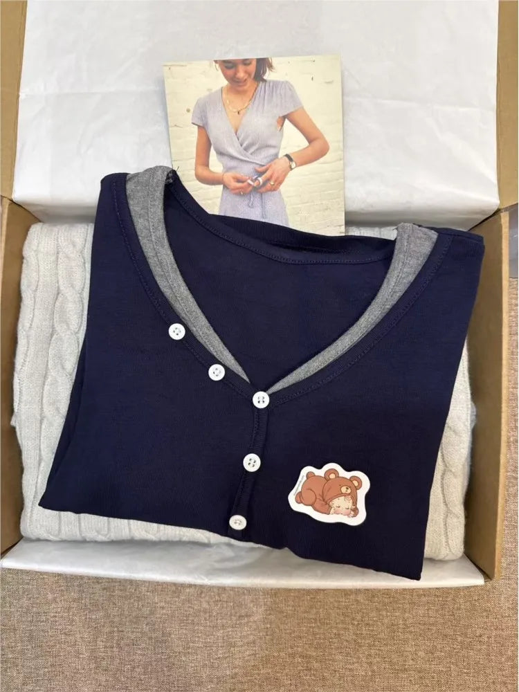 Navy Buttons V-neck T-shirts Women Autumn New Casual Cotton Slim Patchwork Long Sleeve Tees Fashion Chic Vintage Tshirt Y2K Tops