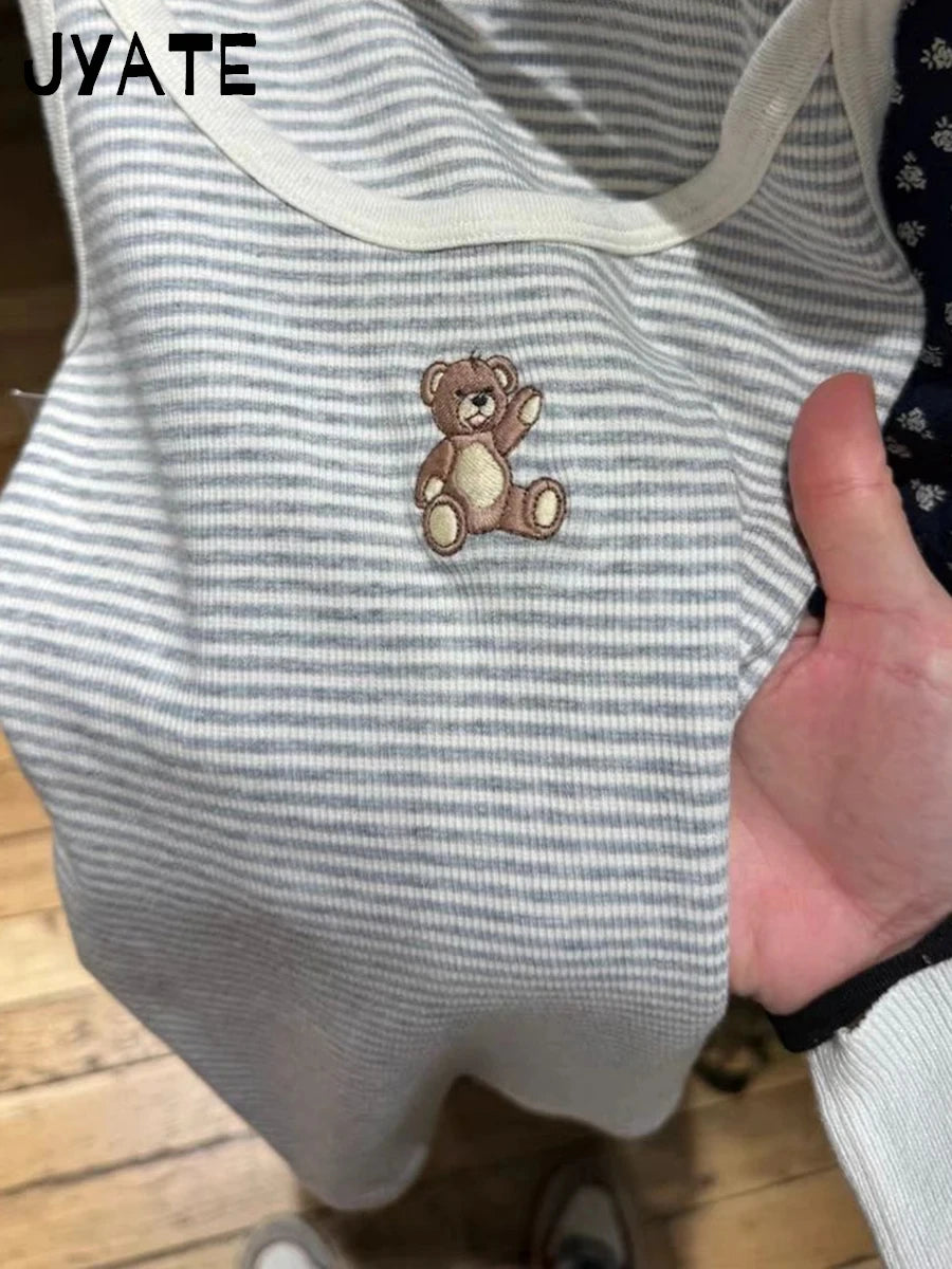Little Bear Embroidery Slim Tank Tops Women Summer New Casual Cotton Soft U Collar Sleeveless Vests Vintage Sweet Cute Camis Y2K