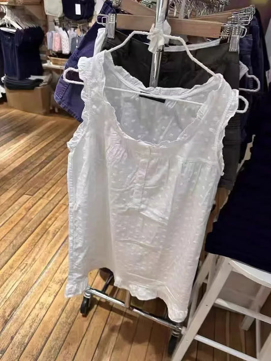 White Ruffle Round Neck Mini Dress Women Summer Streetwear Button Sleeveless A-line Short Vestidos Sweet Elegant Vintage Dresses