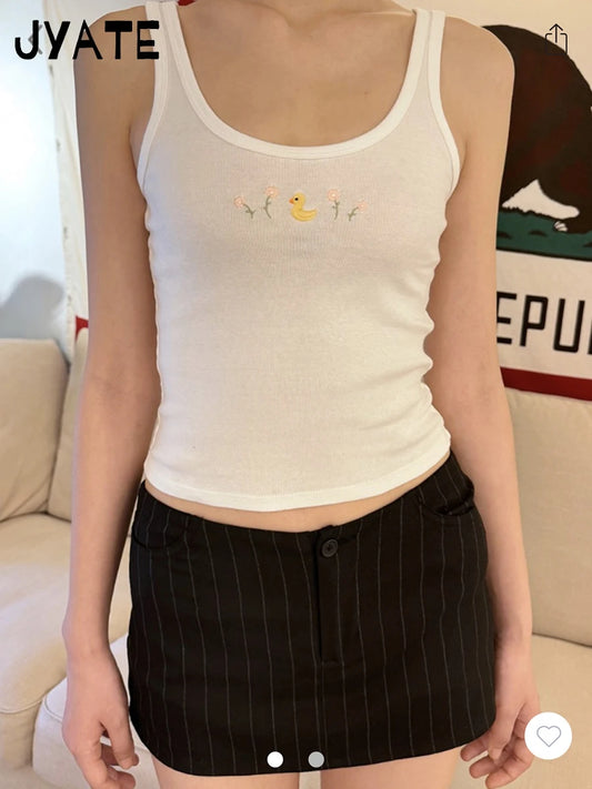 Cute Duck Daisy Embroidery U-neck Tank Tops Women New Cotton Casual Preppy Style Sleeveless Vest Sweet Vintage Chic Camisole Y2K