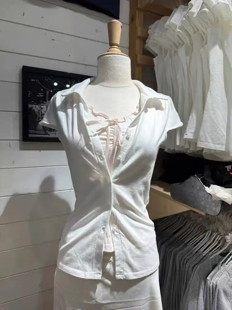White Buttons Short Sleeve Tees Women Summer Cotton Soft Turn Down Collar Preppy Style Tops Blouse Sweet Chic All-match T-shirts