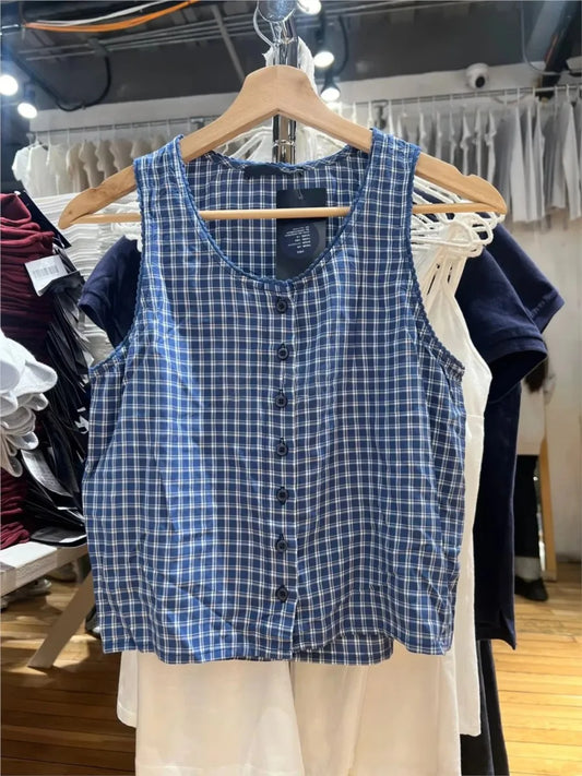 Vintage Blue Plaid Lace Trim Tank Top Woman Summer Round Neck Sleeveless Single Breasted Vest Female Preppy Style Crop Tops Y2K