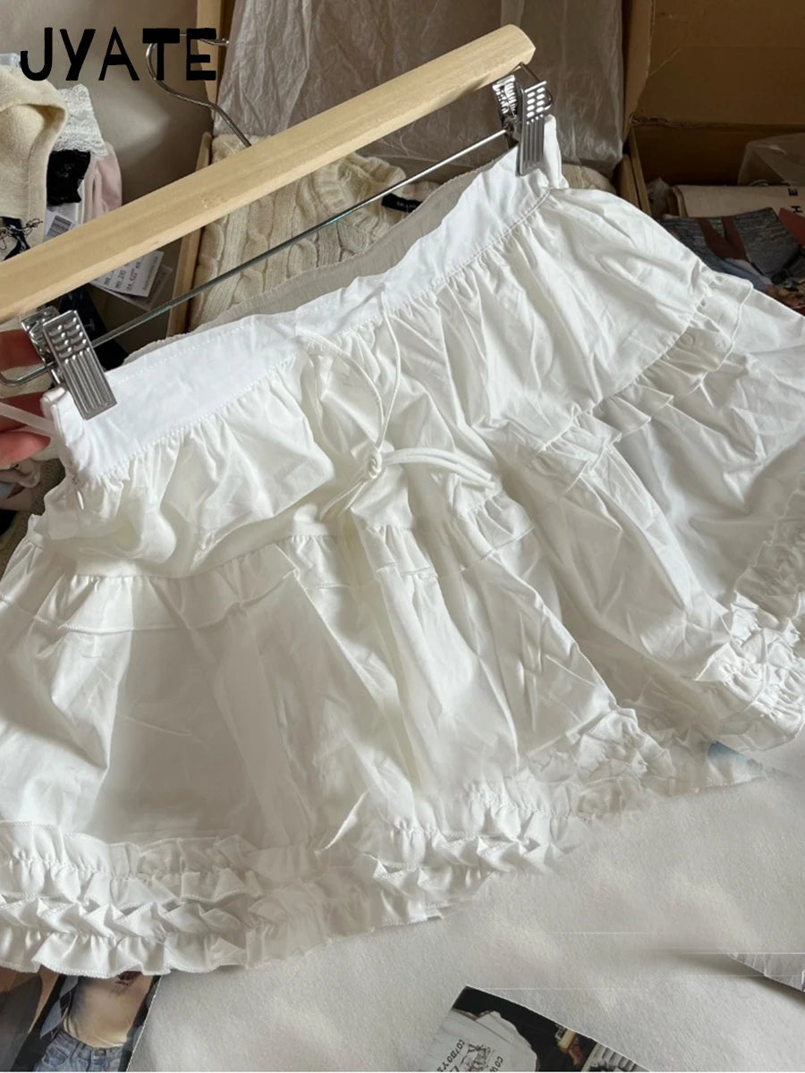 Sweet White Lace Trim Mini Skirts Women Summer Cotton High Waist Folds Texture Short Faldas Cute Preppy Style Y2K A-line Skirt