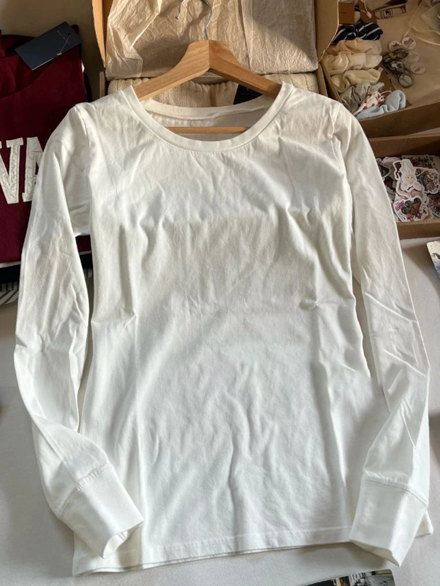 Solid V-neck Basic Long Sleeve Tees Women New Cotton Soft Simple Casual SlimTops Clothes All-match Simple T-shirts Spring