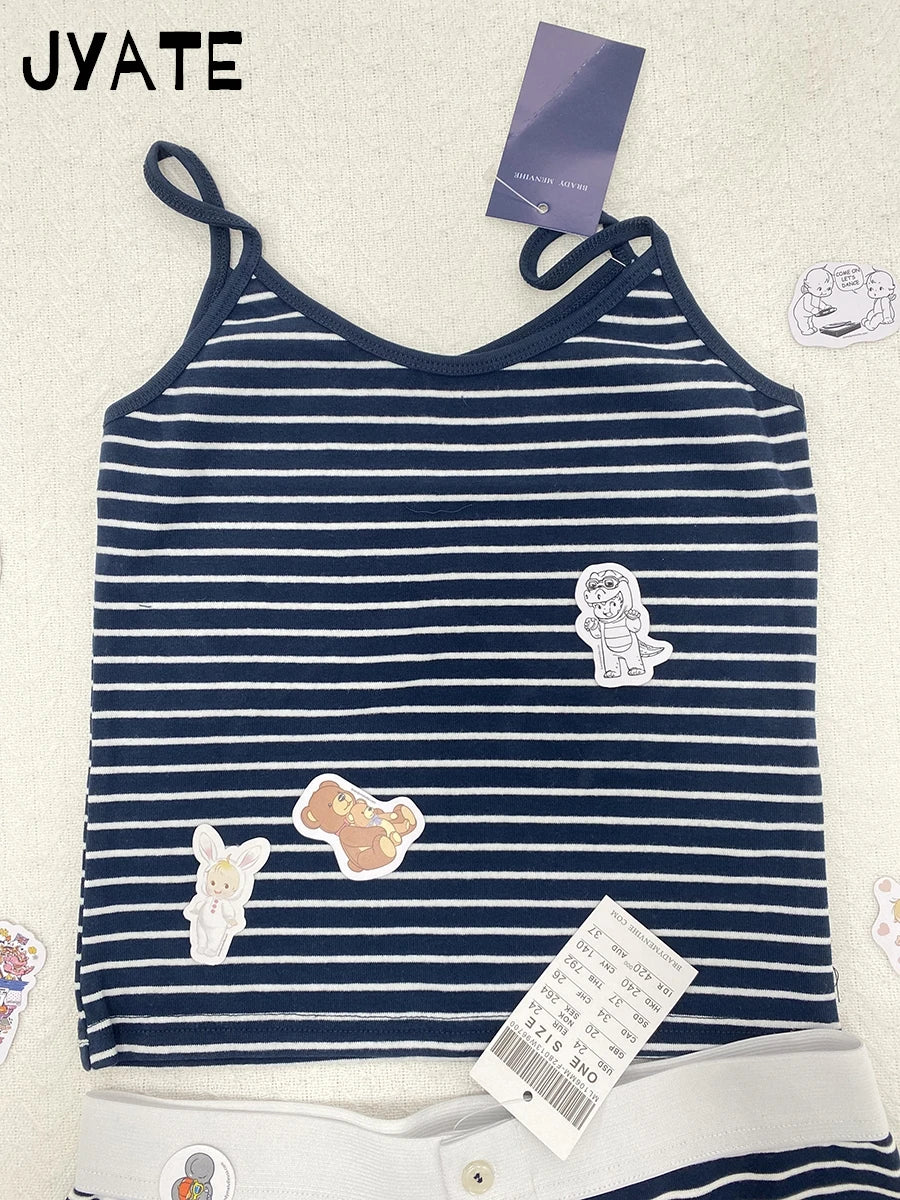Navy Striped T-shirts Shorts 2 Pieces Set Women New Slim Cotton Soft O-neck Tee+Button Straight Short Pant Sweet Pajama Sets Y2K
