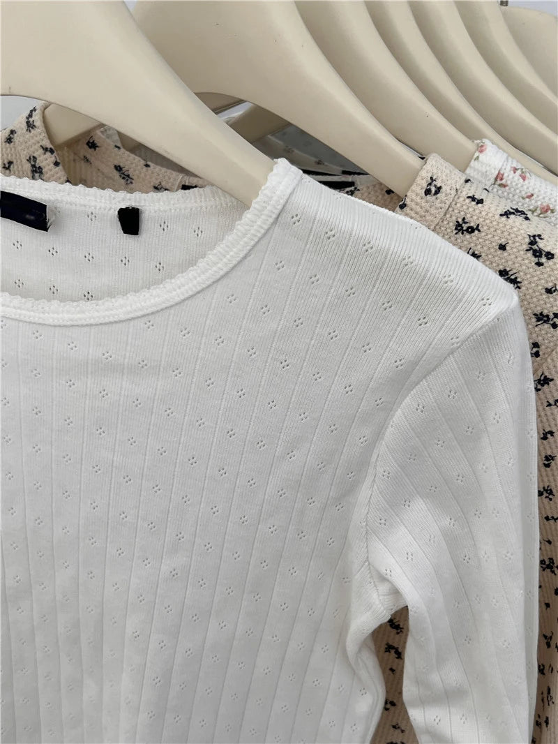 White Hollow Out T-shirts Women Cotton Soft Slim Raw Trim Crew Neck Long Sleeve Tops Clean Girl Vintage Cute Sweet Tees Clothes