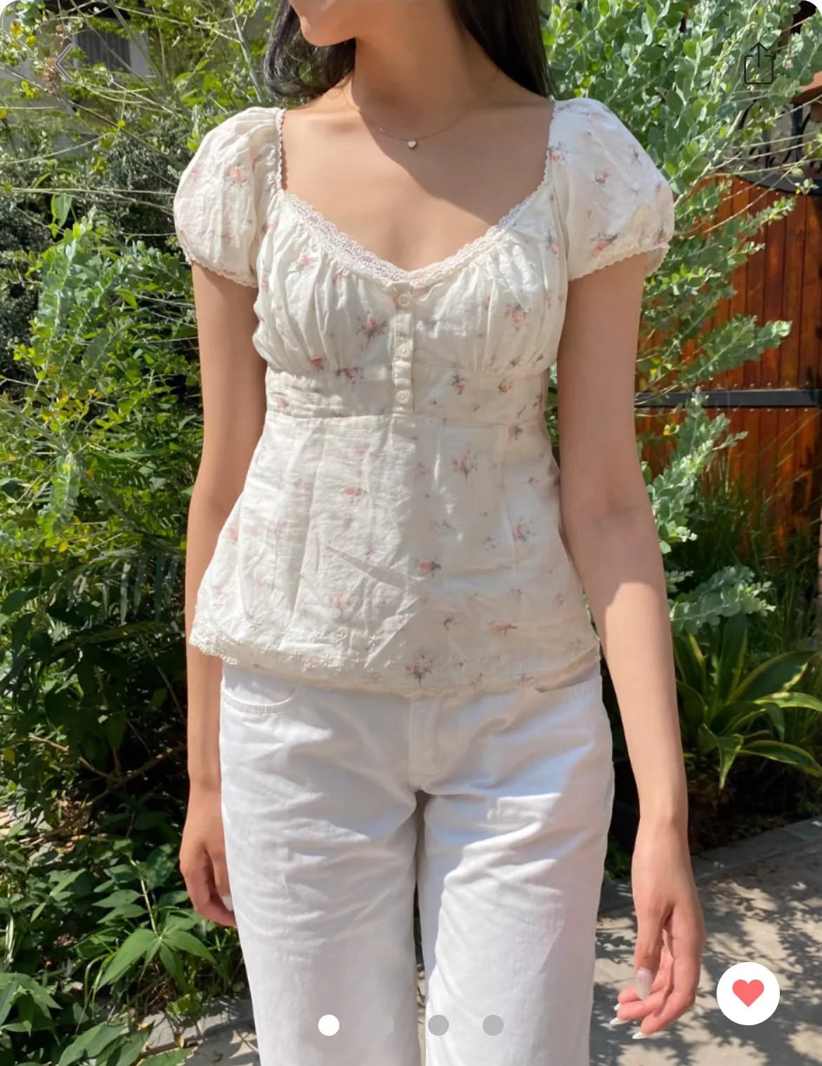 Floral Print Lace Trim T-shirts Women Summer New Casual Streetwear Buttons Short Sleeve Tees Sweet Simple Cute Tshirt Tops Y2K