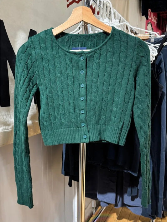 Drak Green O-neck Knit Cardigan Women Spring Cotton Casual Streetwear Slim Cropped Sweaters Vintage Simple Sweet Kniitwear Y2K