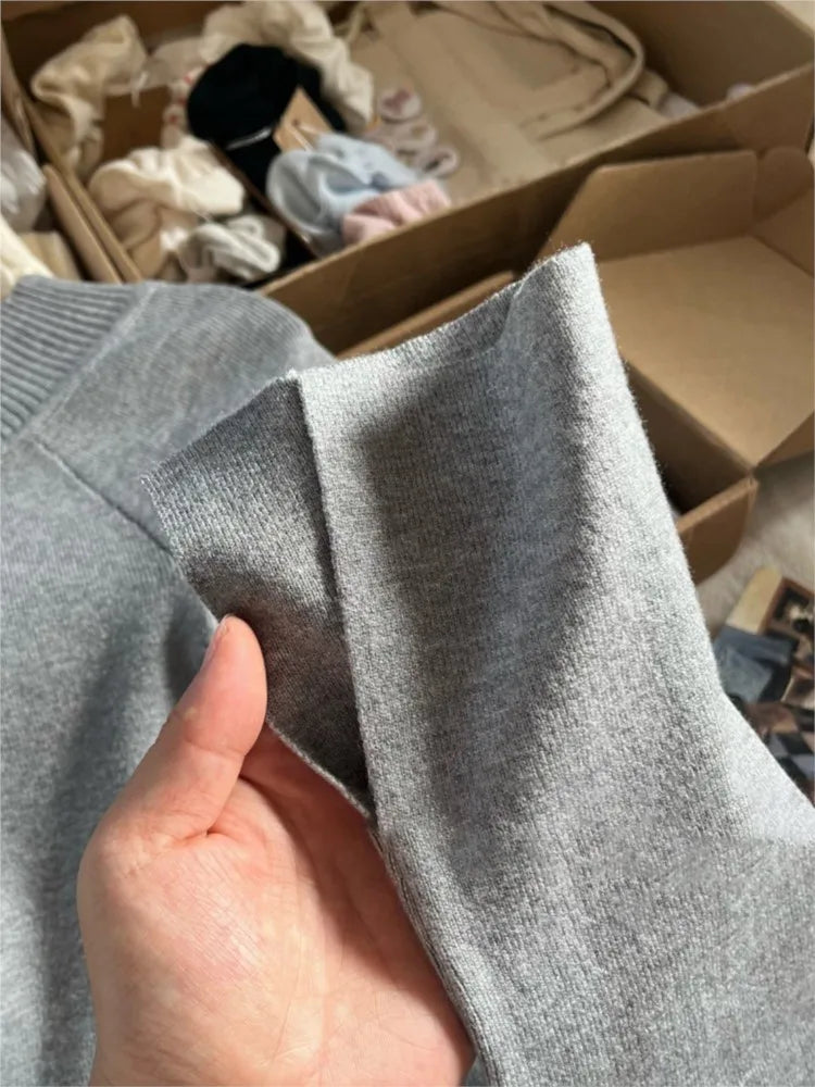 Fashion Gray Irregular Knit Long Sleeve T-shirt Women Autumn Slash Neck Sexy Cotton Slim Tee Sweet Preppy Style Knitwear Y2K Top