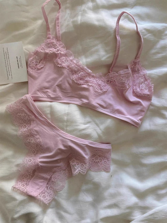 Pink Lace Bra Set Woman Adjusted-strap Seamless Bras+Low Waist Panties Female Casual Simple Solid High Elasticity Lingerie Sets