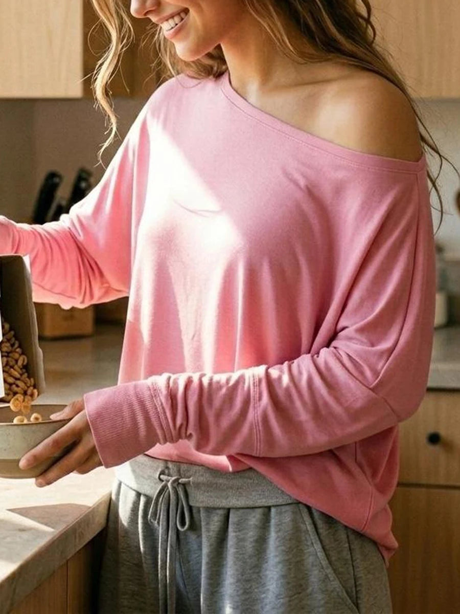New Navy Long Batwing Sleeve T-shirts Woman Sweet Casual Slash Neck Cotton Tee Shirts Elegant Simple All-match Tshirts Y2k Tops