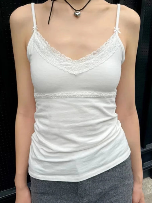 Sweet White Bow Lace Trim Slim Tank Tops Women Casual Vintage V-Neck Sleeveless Cotton Cropped Vest Chic Streetwear Crop Top Y2K