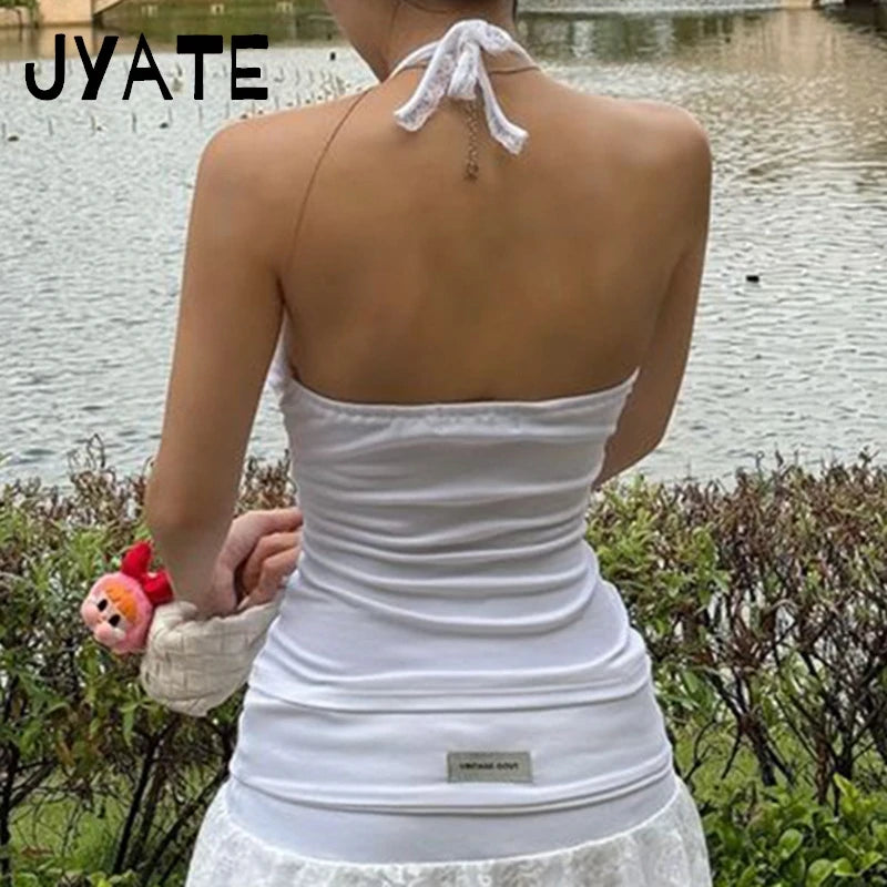 Sweet Blue Striped Lace Strapless Halter Camisole Women New Cotton Bow Slim Cropped Vests Cute Chic Preppy Style Tank Tops Y2K